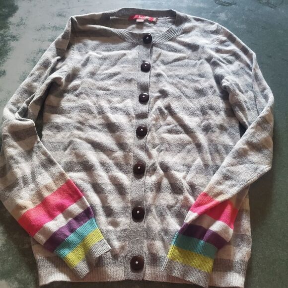 Boden  Rainbow Cuff Gray Stripe Cardigan Sweater Cotton Cashmere Angora sz 2 - Picture 1 of 4